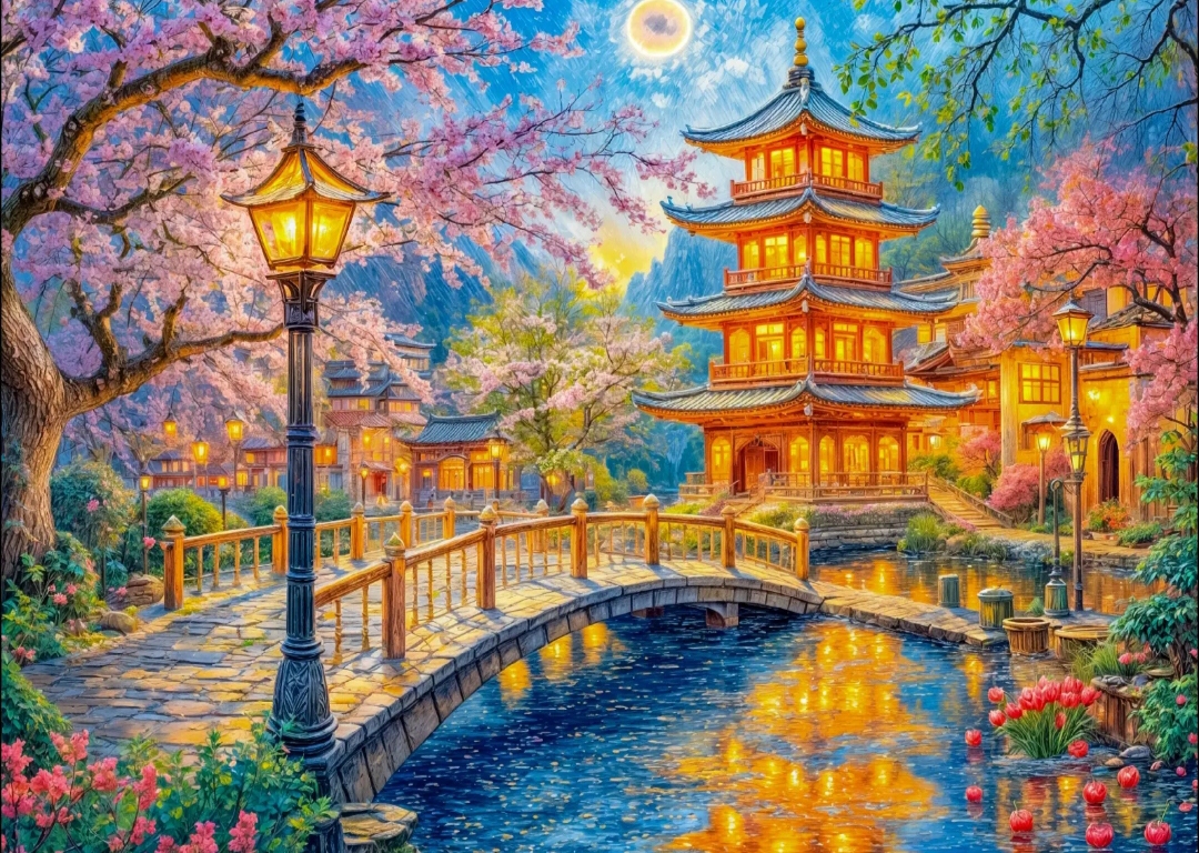 新疆长绒棉布，灯火阑珊100*75大格十字绣（精准印花）
