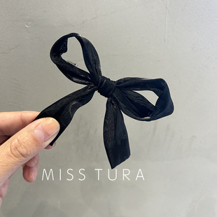 Miss Tura韩国进口黑色欧根纱蝴蝶结弹簧夹半马尾发夹束发顶夹