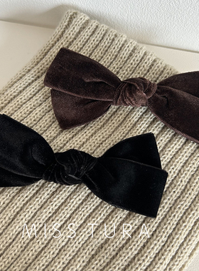 Miss Tura韩国进口简约质感纯色丝绒黑色鸭嘴夹碎发夹蝴蝶结边夹