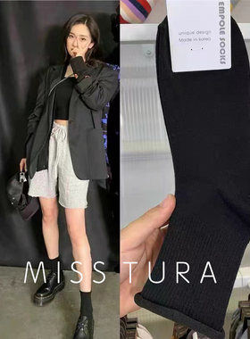 Miss Tura韩国东大门明星同款纯色中筒女袜卷边条纹黑色白色棉袜