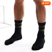 sockkon 高筒黑色军绿条纹两条杠运动袜健身吸汗毛巾底棉袜子 男士