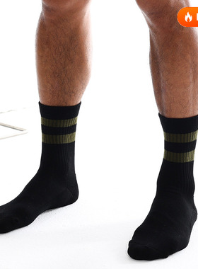 sockkon 男士高筒黑色军绿条纹两条杠运动袜健身吸汗毛巾底棉袜子