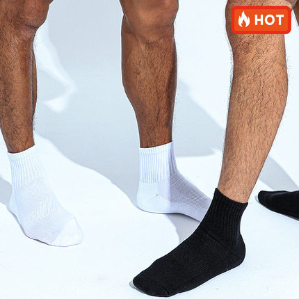 sockkon 男士纯白黑色素色中低筒短款毛圈毛巾底运动健身棉袜子