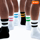 sockkon 二两条杠条纹黑白条色运动袜中高筒健身毛巾底棉袜 男士