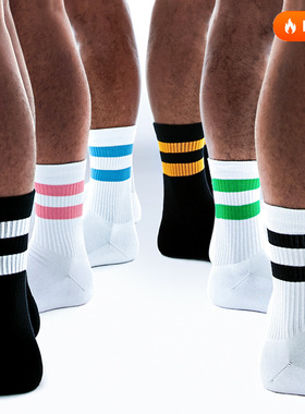 sockkon  男士二两条杠条纹黑白条色运动袜中高筒健身毛巾底棉袜