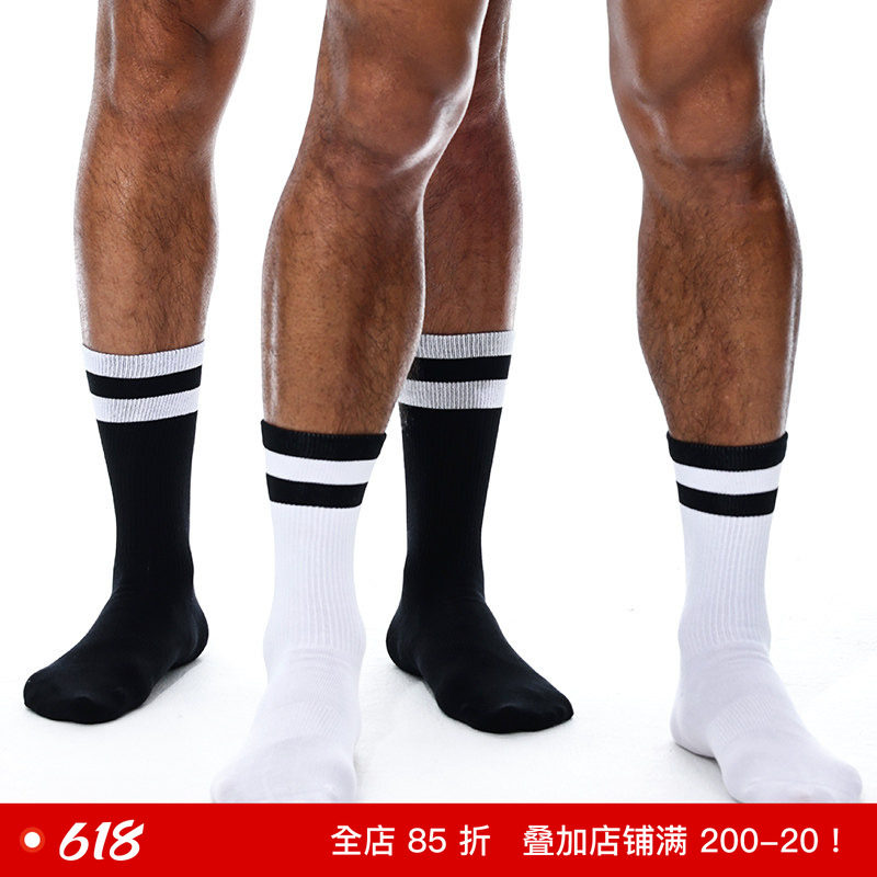 sockkon 男士高筒长筒薄款四季黑白两条杠精梳棉袜子运动白袜