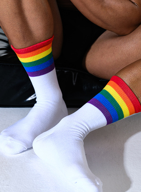 sockkon 男士白黑色彩虹rainbow袜子运动袜中高筒休闲毛巾底棉袜