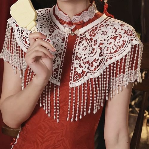 旗袍云肩新中式珍珠流苏披肩坎肩中国风汉服领子重工复古蕾丝配饰