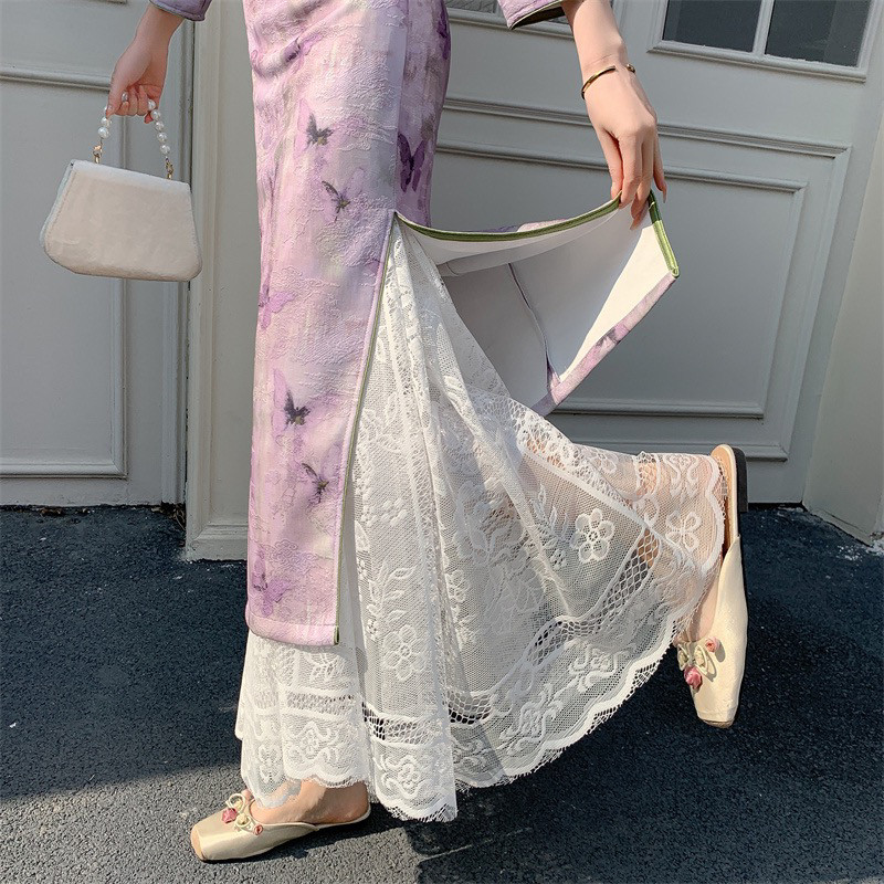 旗袍内衬裙新中式复古夏季薄款白色蕾丝a字裙旗袍专用鱼尾打底裙