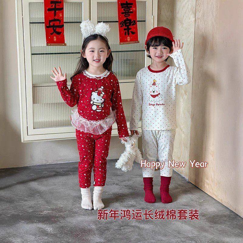 安美雅大红套装贺岁家居服新年套装儿童睡衣秋衣秋裤套装厂家批发