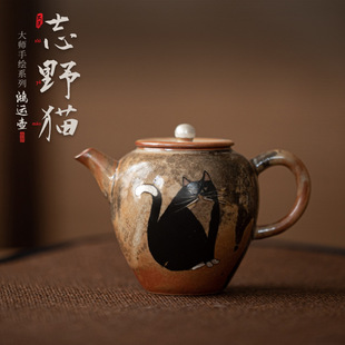 志野猫鸿运壶日式手工绘银茶壶陶瓷家用创意泡茶壶功夫茶具单壶