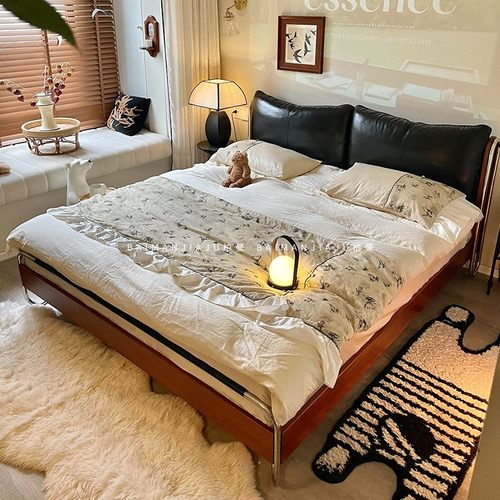 包豪斯真皮床法式复古软包主卧1.8米婚床双人床实木中古风流影床