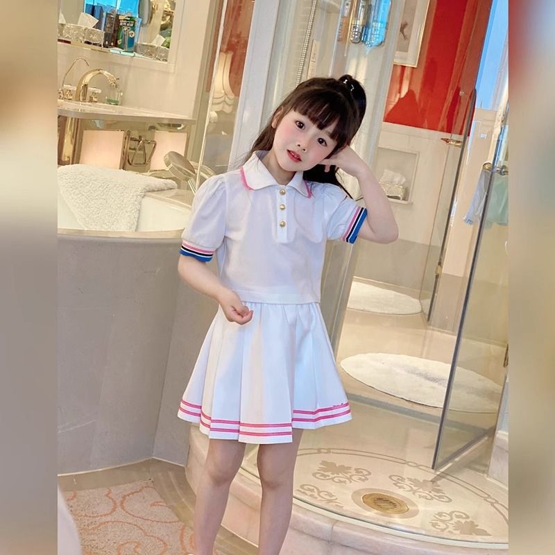 女童夏季新款网红运动风polo领两件套学生女孩洋气短袖短裙套装潮