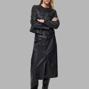 dutti女装 黑色低圆领真皮皮衣 MD机车短款 massino 夹克外套 秋季