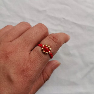 红绳戒指女 手工编织路路通红绳花型戒指环 仿黄金路路通戒指学生