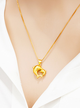 仿3D硬黄金吊坠女双海豚吊坠项链