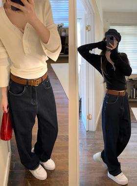 【现货4折】咖喱汤汤TGL【贵感牛牛】高腰直筒原色牛仔裤阔腿裤