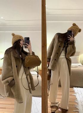 【现货4折】咖喱汤汤TGL【小奶熊】复合麂皮皮毛一体羊羔毛外套女