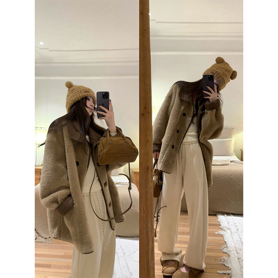 【现货3折】咖喱汤汤TGL【小奶熊】复合麂皮皮毛一体羊羔毛外套女