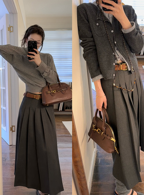 咖喱汤汤TGL【格恩高校】灰色毛呢料长款百褶半身裙高腰A字裙女秋