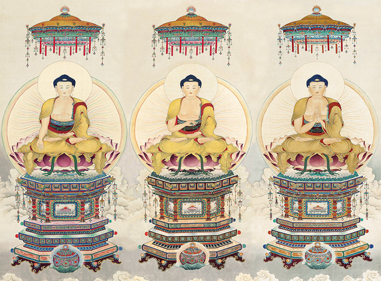 国画人物三身佛像横幅艺术微喷打印复制画绢布画工笔画装饰画