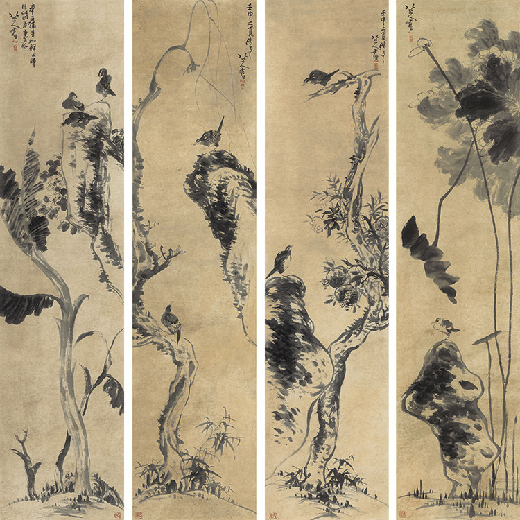 清朱耷花鸟四条屏国画水墨画一比一真迹复制画宣纸画客厅装饰画