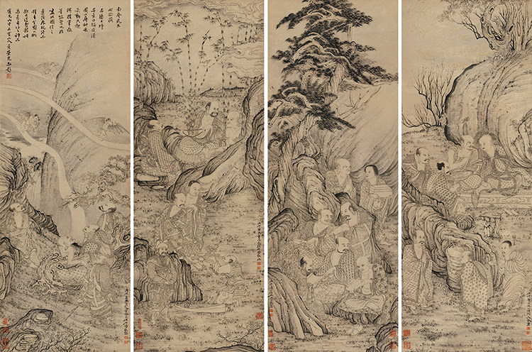 清四僧石涛五百罗汉图四条屏宣纸复制画原作版画佛画人物装饰画