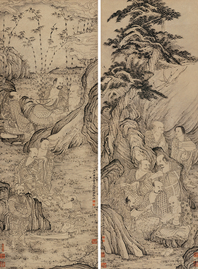 清四僧石涛五百罗汉图四条屏宣纸复制画原作版画佛画人物装饰画