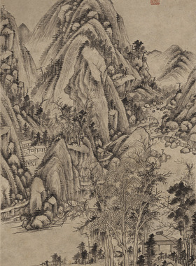 清王时敏丛林曲调图原大高清复制画原作版画仿古山水竖幅玄关装饰