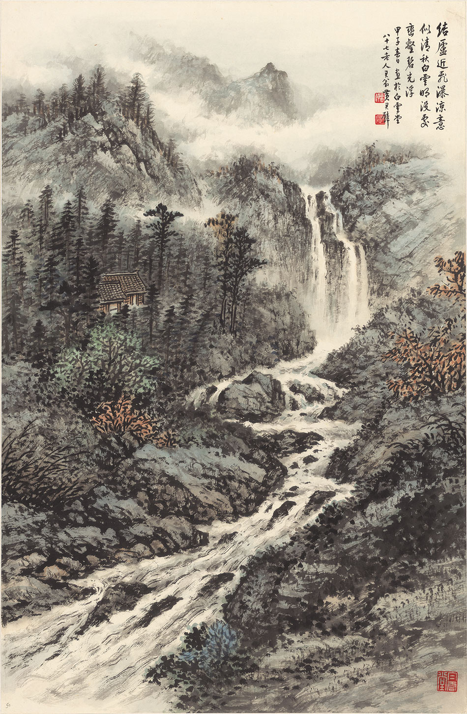 黄君壁结庐近飞瀑国画山水条幅真迹复制画微喷宣纸画中式装饰画图片