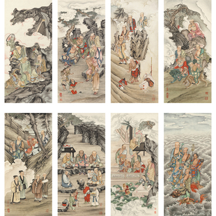 夏荆山百幅罗汉-(4)国画人物艺术微喷绢布复制画客厅玄关装饰画