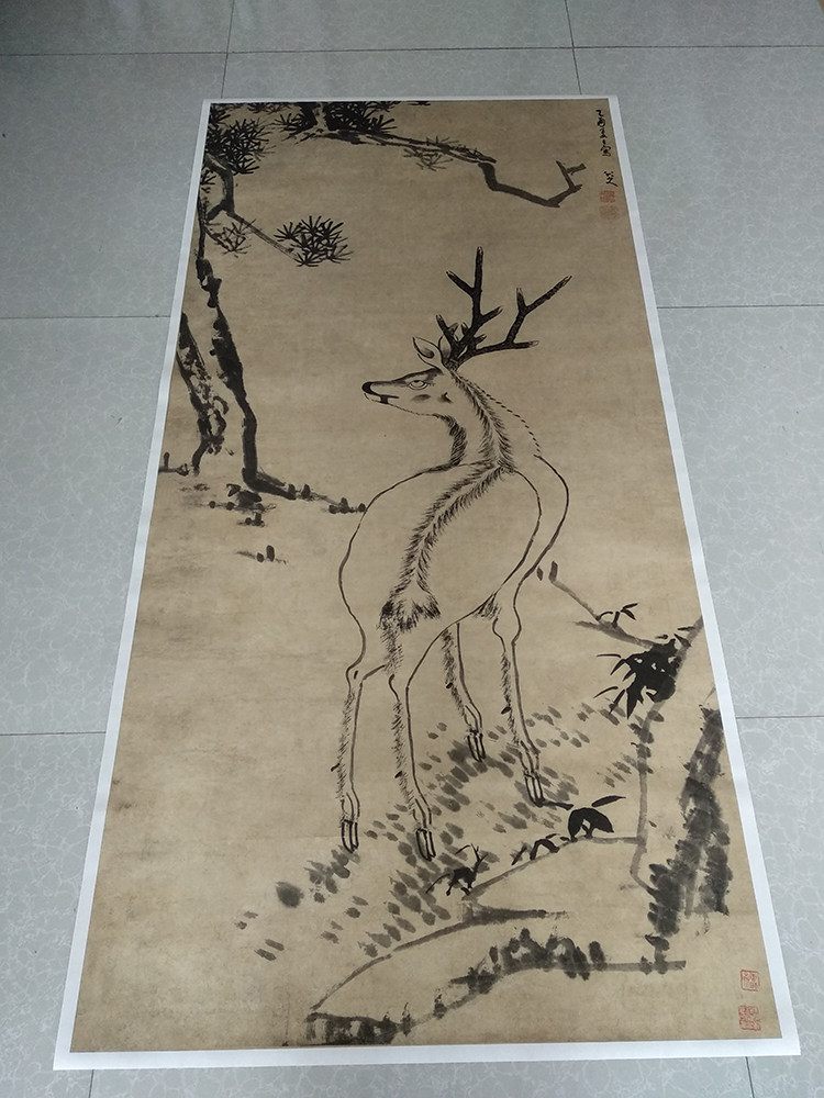 清四僧八大山人朱耷松鹿图国画走兽竖幅真迹复制画艺术微喷仿古画