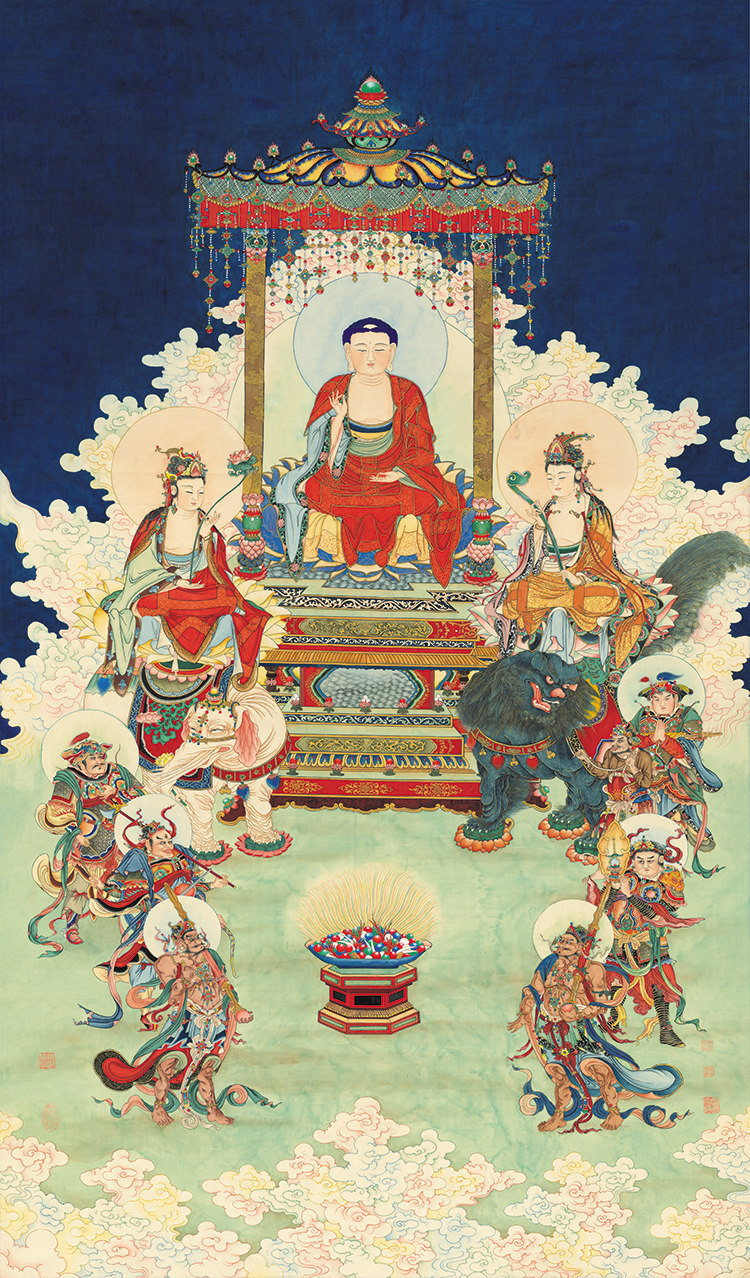 夏荆山-168华严三圣像观音菩萨天王人物画工笔画复制品字画绢画