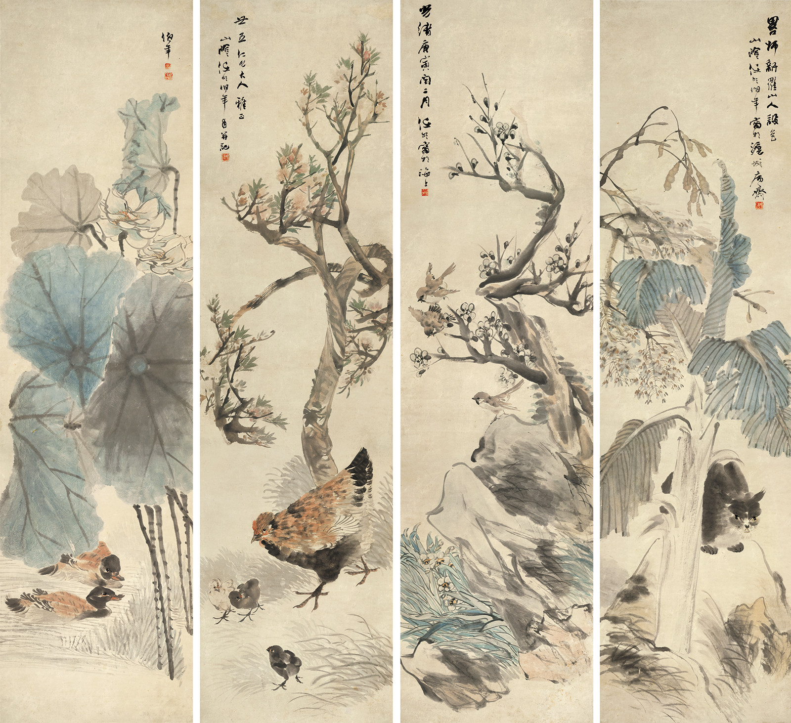 清代名画任伯年花鸟四条屏国画水墨写意画临摹画稿真迹复制画竖画