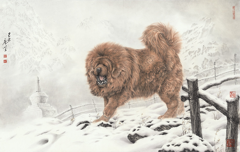 艺术微喷真迹复制画唐坚国画藏獒工笔画狗宣纸画临摹画稿装饰画