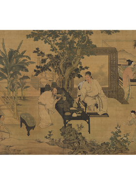 明杜堇玩古圖台北故宫藏绢布复制画古画人物中式装饰画心