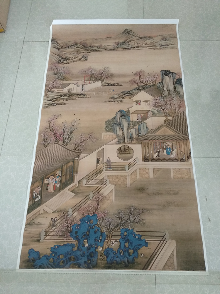 雍正十二月行乐图三月赏桃国画工笔画仿古画人物画艺术微喷复制画