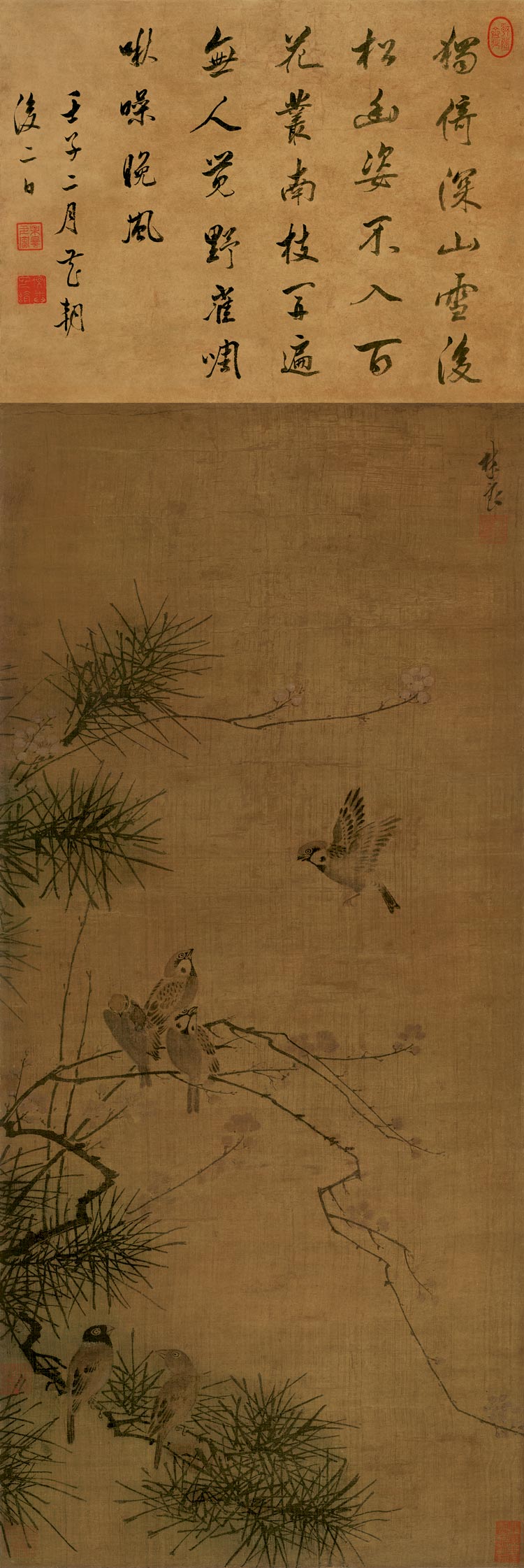 林良松梅寒雀图四尺花鸟国画竖幅真迹复制画仿古画绢画装饰画