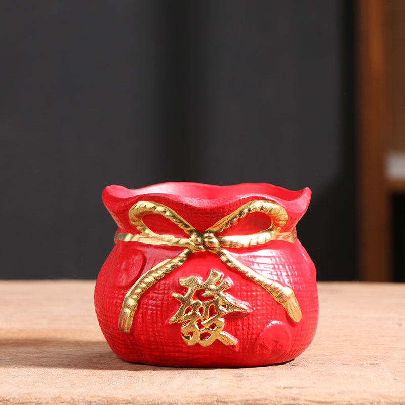 办公室红色多肉花盆托盘小发财树灵芝蝴蝶兰绿植客厅家用陶瓷摆件