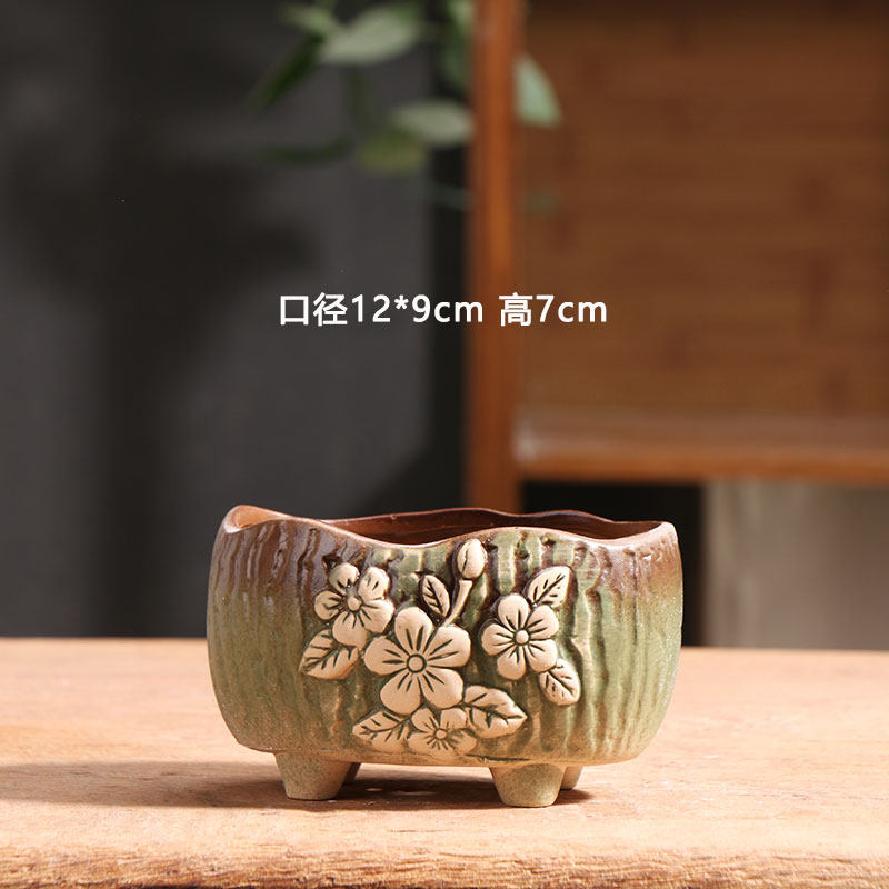 素雅椭圆多肉花盆陶瓷特价家用阳台透气陶土粗陶花盘小号陶盆清仓