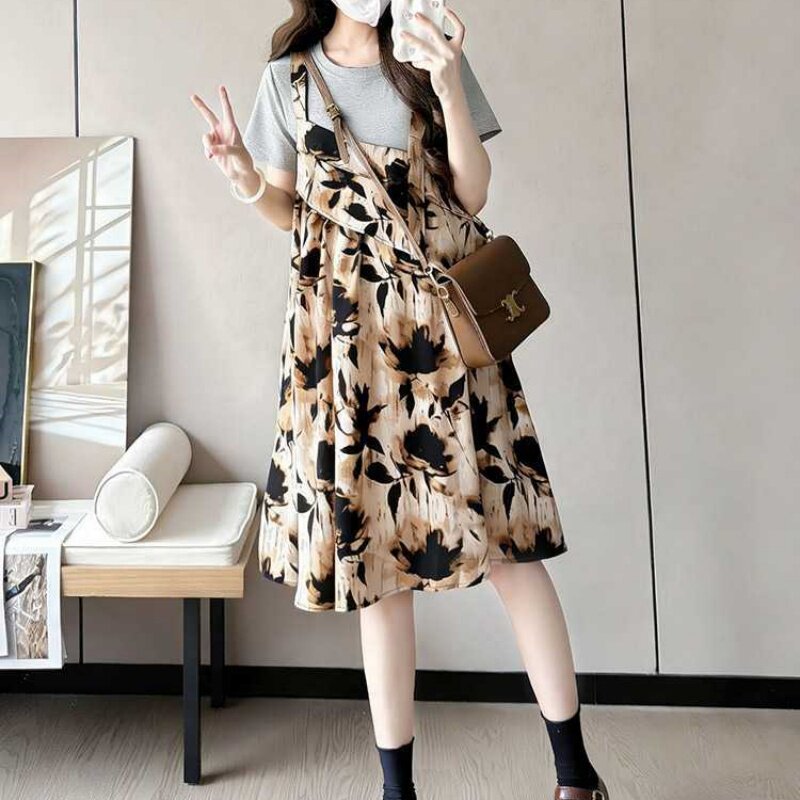 少女大童连衣裙夏季弹力纯棉初高中学生洋气宽松显瘦假两件裙子潮