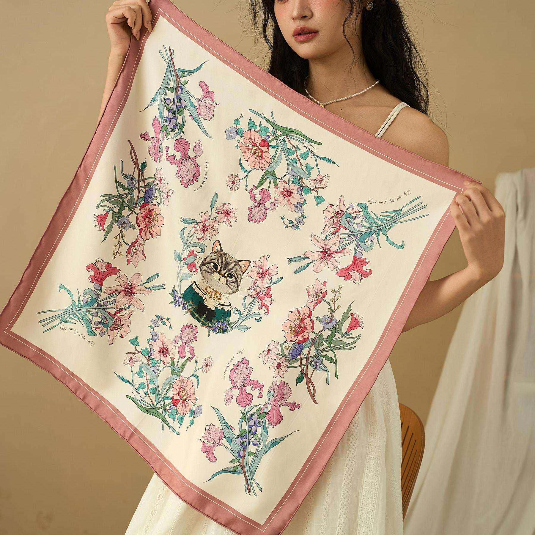 WUYYOU 原创花园派对双面真丝方巾女春夏斜纹绸桑蚕丝围巾送礼