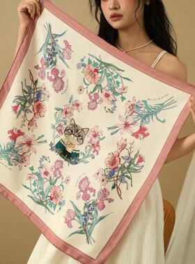 WUYYOU 原创花园派对双面真丝方巾女春夏斜纹绸桑蚕丝围巾送礼