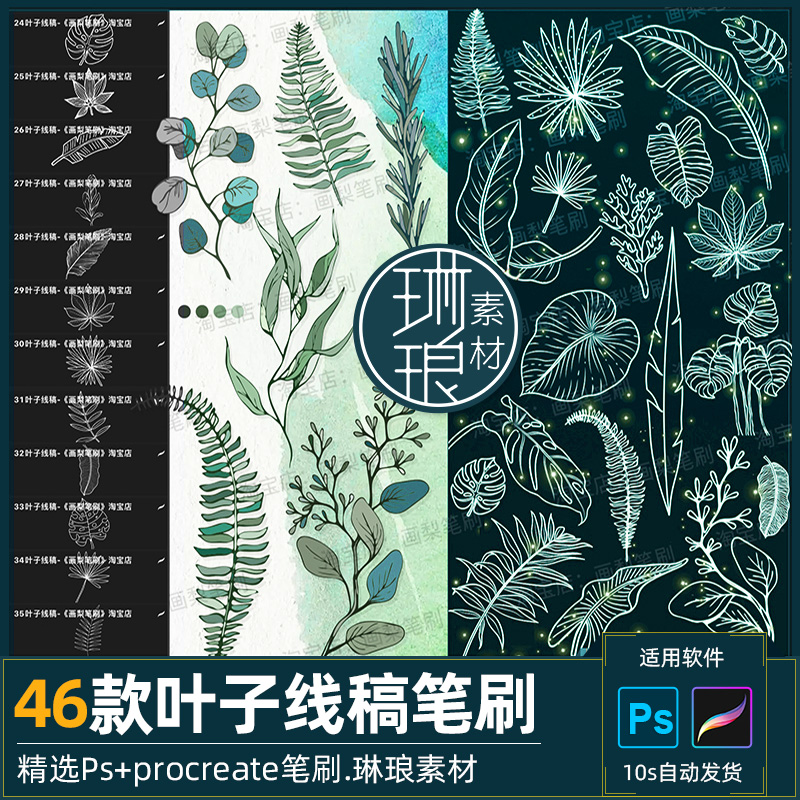 ps笔刷procreate笔刷热带植物叶子线稿手绘绿植树叶子装饰水印
