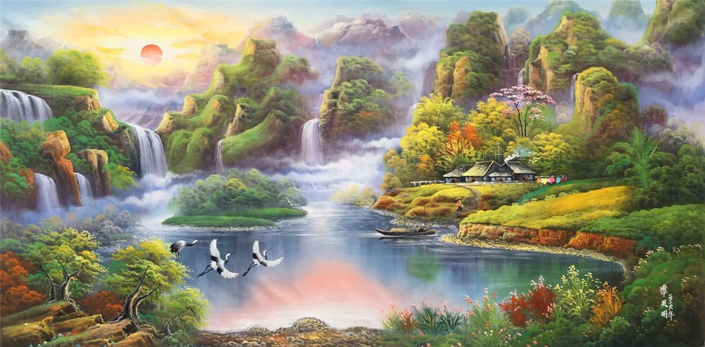 纯手绘油画横幅风景油画聚宝盆油画欧式风景油画沙发背景装饰油画