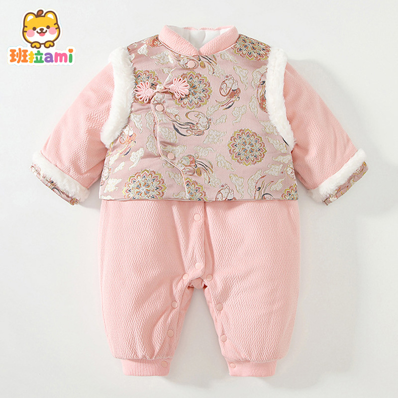 婴儿拜年服冬装衣服女宝宝加厚棉衣夹棉中国风唐装连体衣爬服周岁