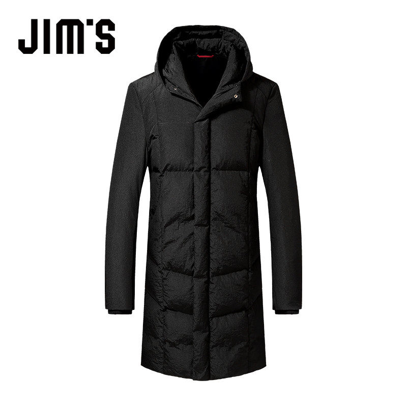 Jim’s/吉牡男装 冬季新品修身黑色超长款连帽羽绒服外套男#16027