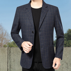 中年男士西服外套春秋短款老人商务休闲西装爸爸格子单西加大上衣