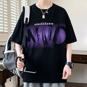 青少年大码 上衣 ins潮牌渐变印花半袖 300斤重磅纯棉短袖 T恤男夏季