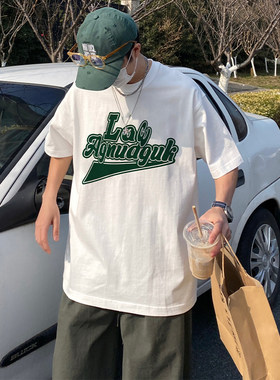 纯棉短袖T恤男款宽松大码半袖休闲百搭新款韩版圆领印花体恤ins夏